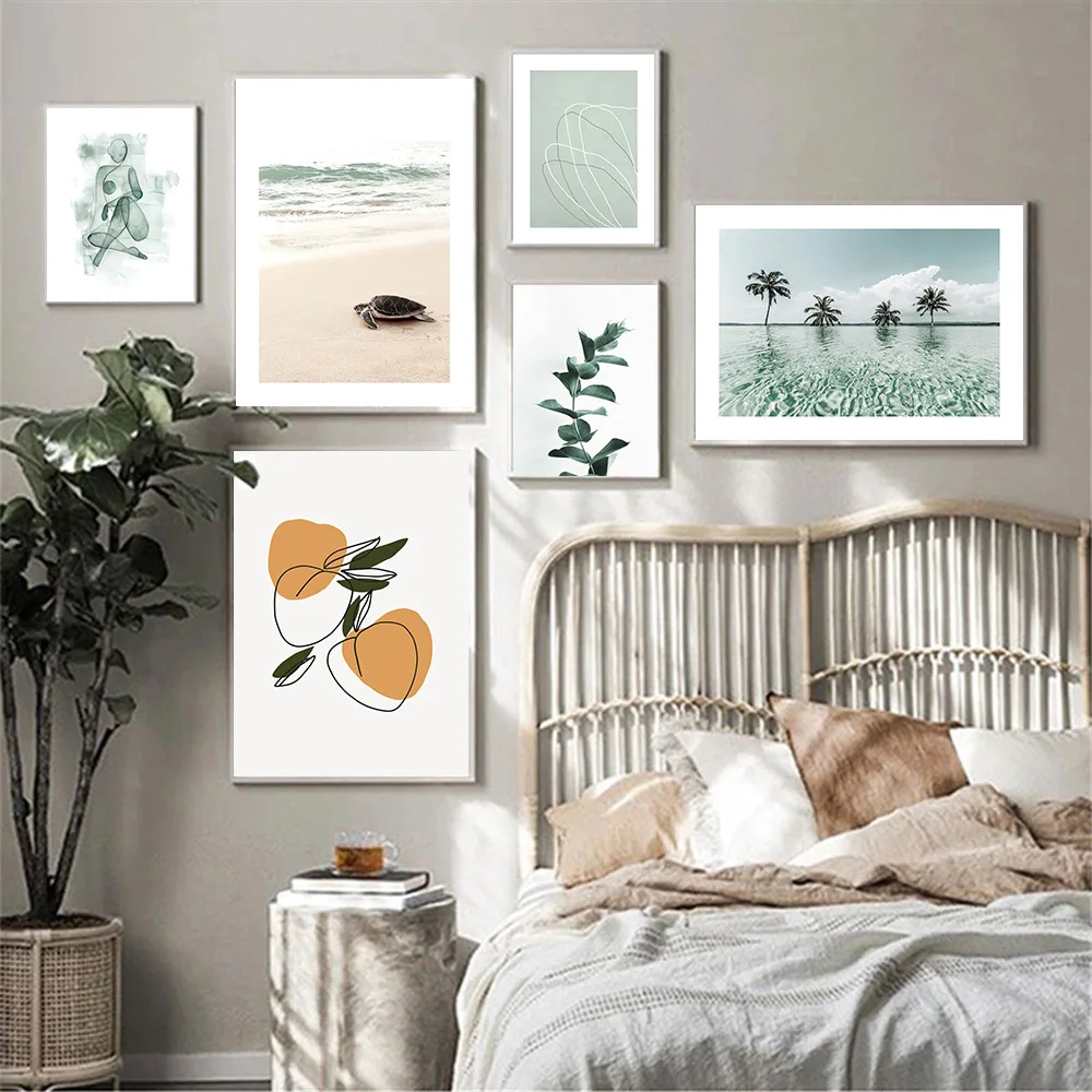 

Summer Landscape Sea Beach Leaf Wall Art Poster and Print Abstract Figure Peach Line Drawing Canvas Painting Modern Home Decor