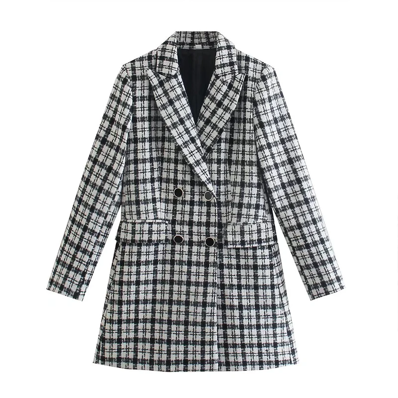 

Women Autumn Casual Plaid Blazers Coats 2021 Full Sleeve Double Breasted Female Elegant OL Long Blazer Outerwear