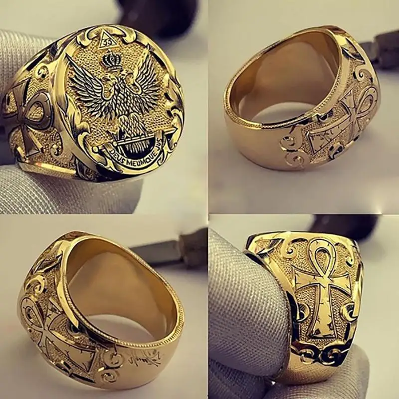 

Domineering Eagle Crown Lettering Pattern Ring Fashion Men's Hip Hop Party Geometric Animal Badge Ring Jewelry