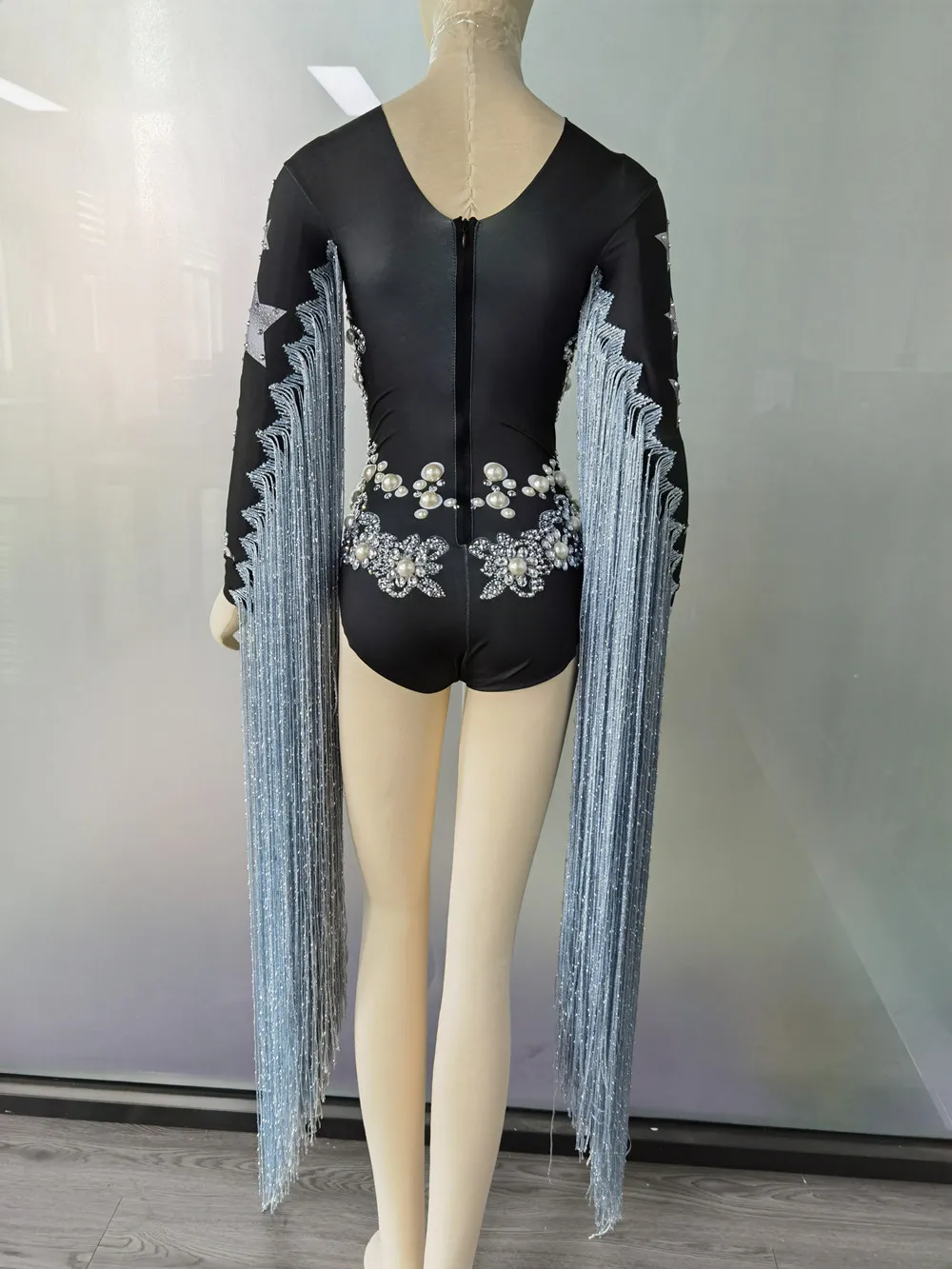 Designer Fashion Rhinestone Pearl Long Tassel Dancer Bodysuit Women Stretch Crystal Fringes Party Jumpsuit Singer Stage Costumes