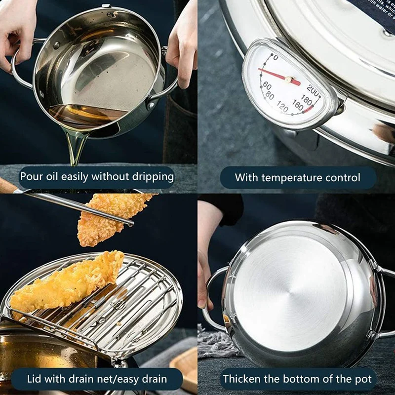 

Japanese Style Tempura Fryer Pot with Thermometer and Oil Drip Rack Fried Chicken Non-Stick Cooking Tools Stainless 24cm