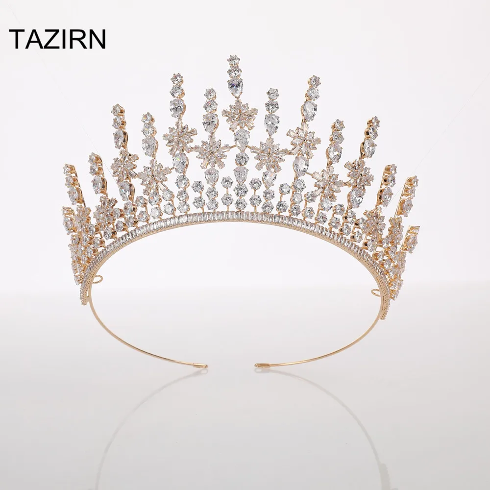 

Luxury Gold Bridal Tiaras Cubic Zirconia Crystal Queen Crowns Zircon Bride Hair Accessories Wedding Party Headpiece Hair Jewelry