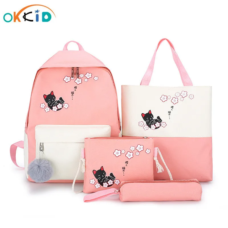 OKKID/4 шт./компл. школьные ранцы для девочек, холщовые школьные сумки с милым котом для учеников, цветочных книг, школьный рюкзак, набор, детски...