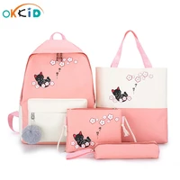 okkid 4pcsset school bags for girls cute cat canvas school backpack set student flower book bag kids food handbag pencil bag