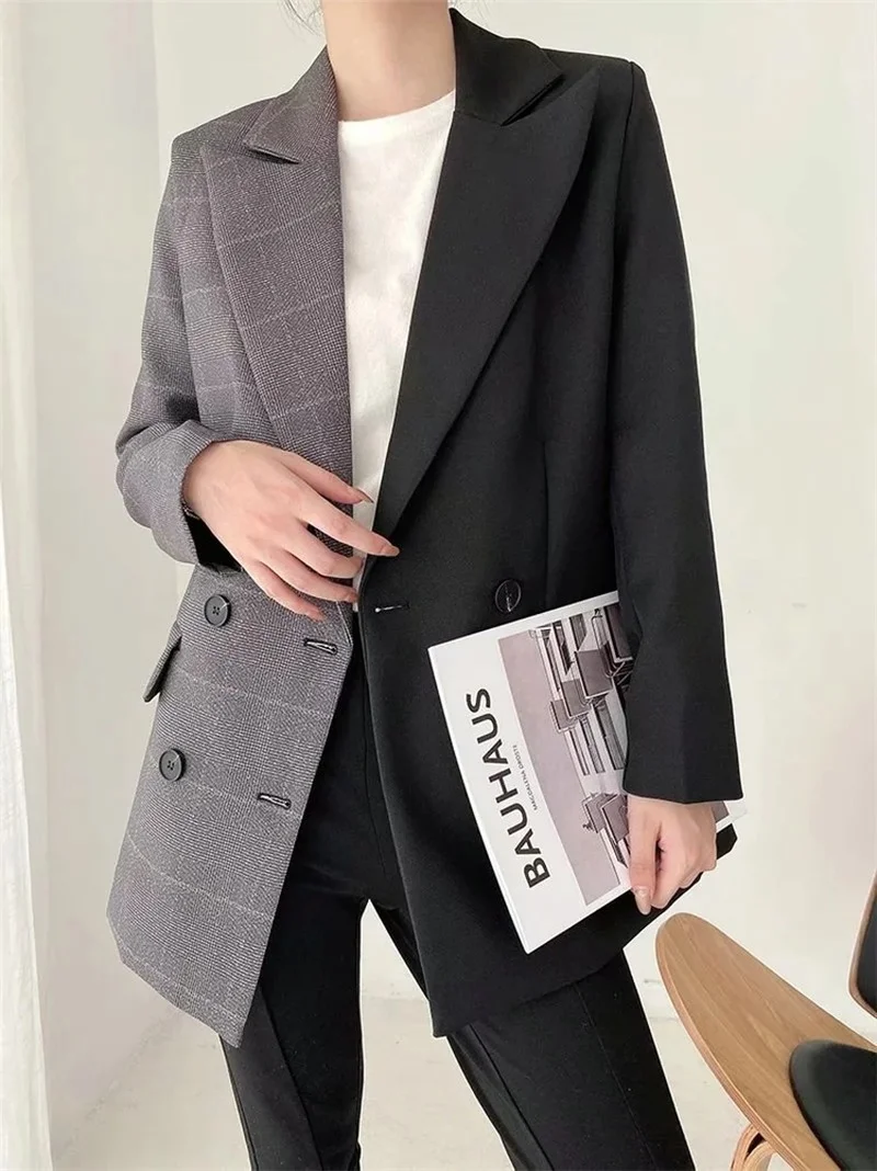 2023 Women Double Breasted Mid-Length Patchwork Casual Office Blazer Suit Commute Formal Clothing Classic Contrast Colors Blazer