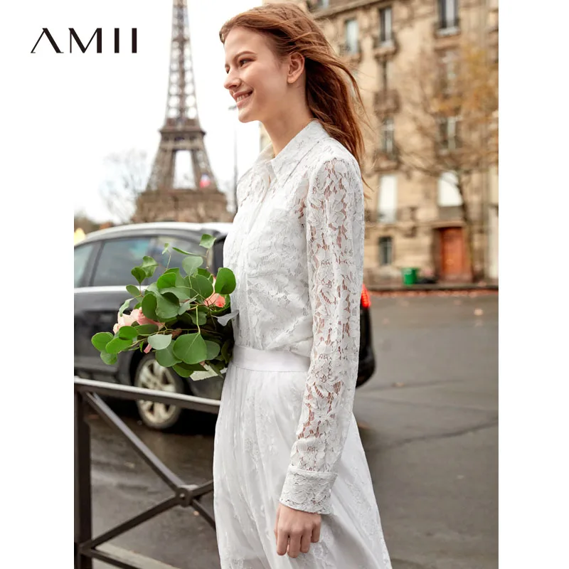 Женская кружевная блузка Amii белая с длинным рукавом и бантом на шнурках - Фото №1