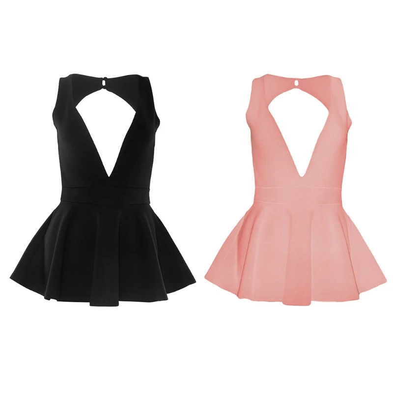 

Women Sleeveless Sexy Deep V-Neck Backless Bodysuit Pleated Mini Dress Jumpsuit M68C