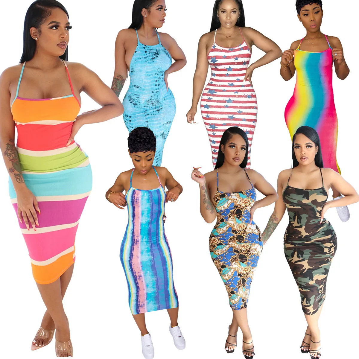 

5WY6685; Сезон весна-лето; Женские повседневные модные сексуальные обтягивающие принтом тай-дай платье на бретелях, без рукавов; Vestidos размера п...