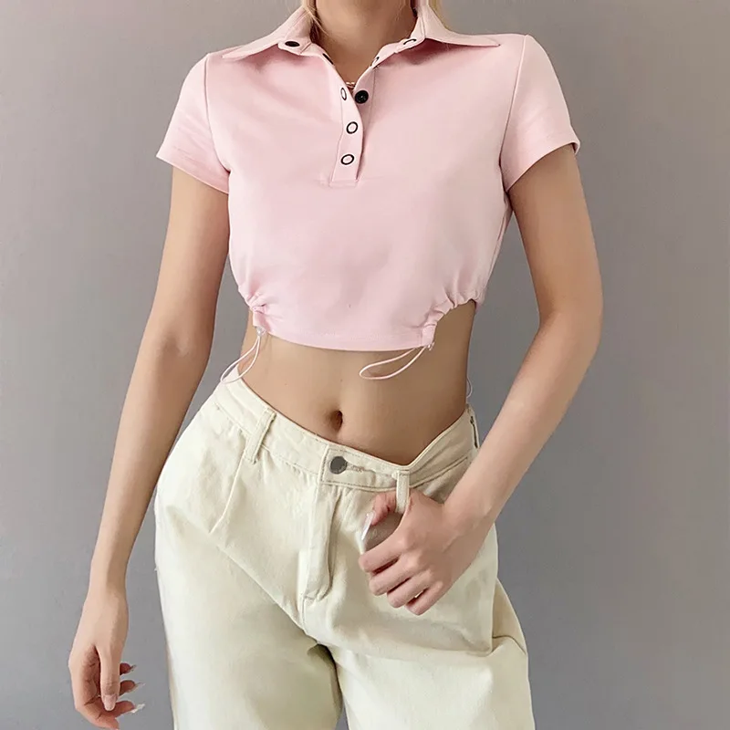 NCLAGEN 2021 Летняя женская розовая футболка модный отложной воротник короткий рукав