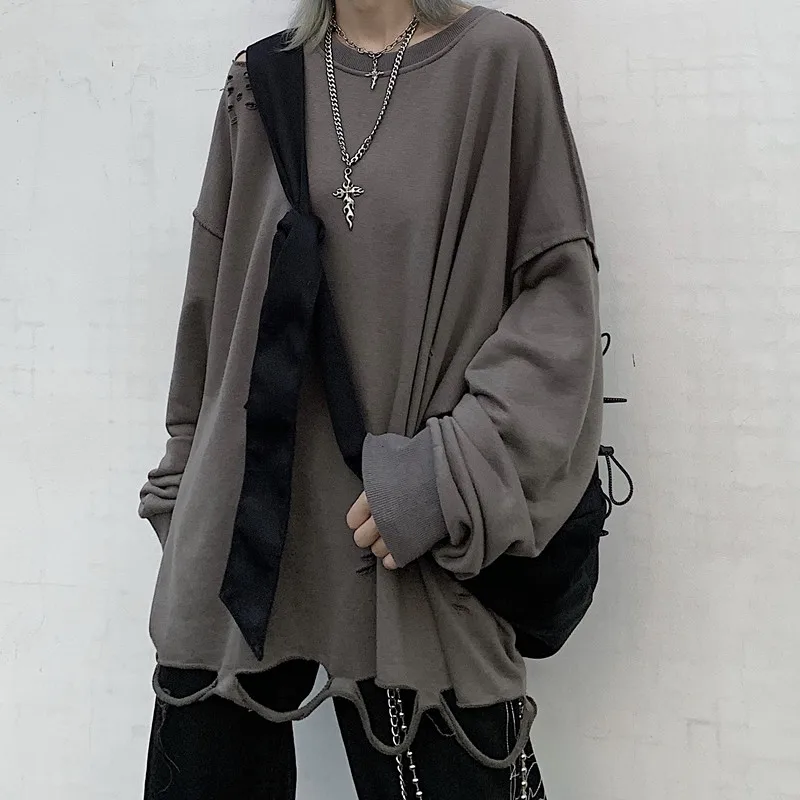 

Autumn New Korea Harajuku Street Hip Hop Hole Long Sleeve Sweatshirt Women ins Fashion Turtleneck O-Lead Casual Women Sweatshirt