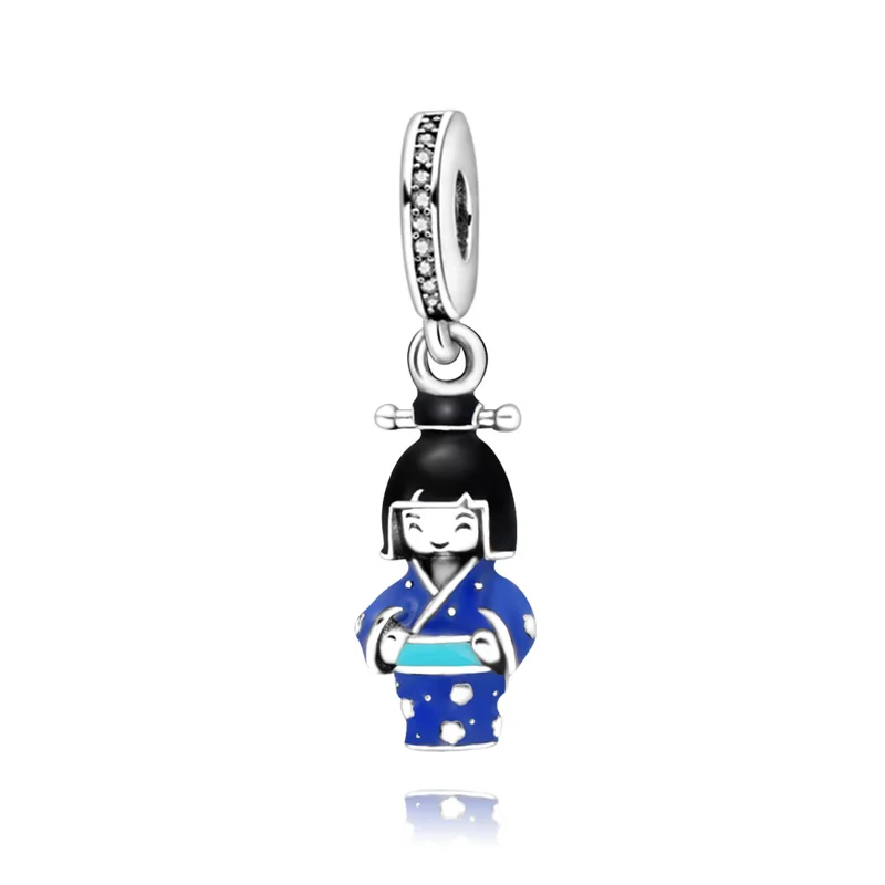 

New Arrival 925 Sterling Silver Doll in Kimono Dangle Beads Fit Original Pandora Charms Bracelet Women Fashion DIY Jewelry Gift