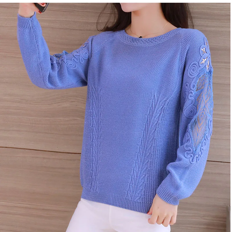 Женский вязаный пуловер свитер с круглым вырезом и длинными рукавами тонкий