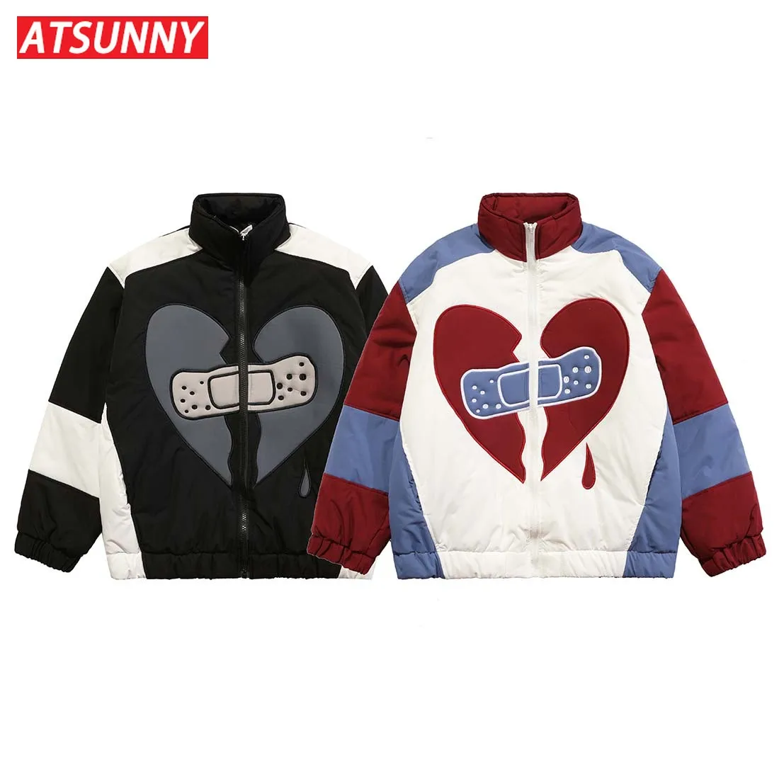 ATSUNNY Patchwork Heart Padded Jacket for Men Stitching Color Love Thick Coat Winter Retro Oversized Cotton Jacket Streetwear