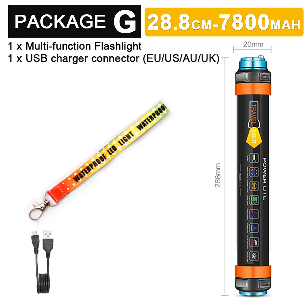Package G 7800mAh Многофункциональный светодиодный светильник-вспышка, фонарь для кемпинга, светильник-палатка, лампа для работы, Предупреждение, перезаряжаемый светильник, водонепроницаемый - Испускаемый цвет: Package G 7800mAh