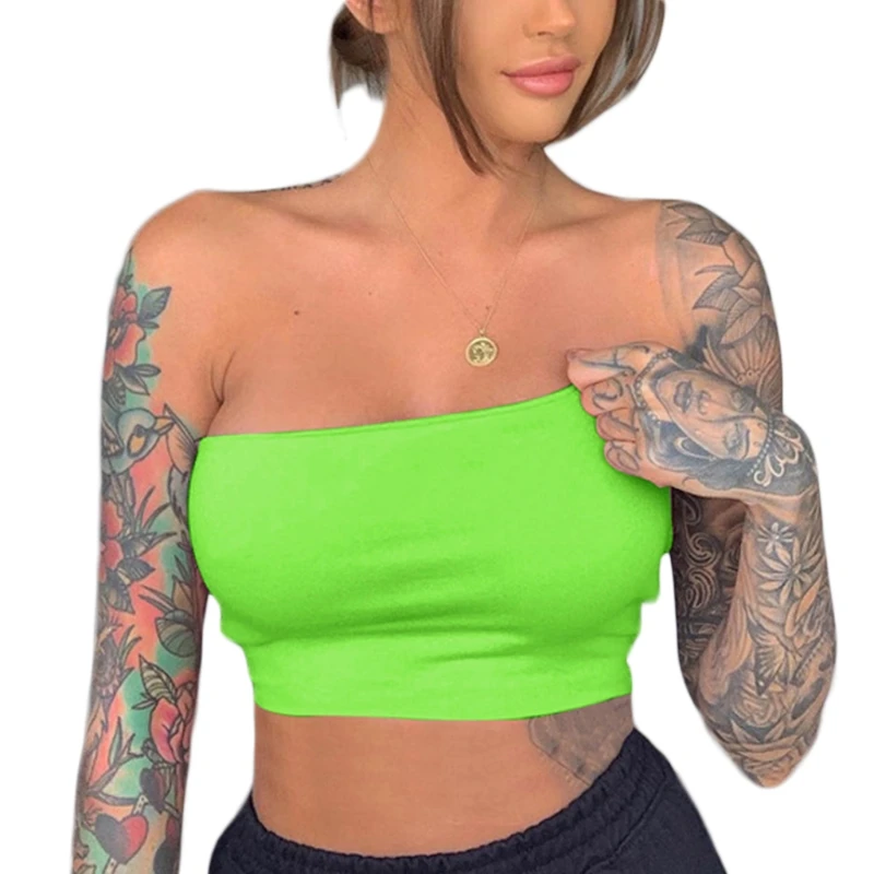 

Women Sexy Strapless Cropped Tube Top Neon Solid Color Bralette Bandeau Clubwear