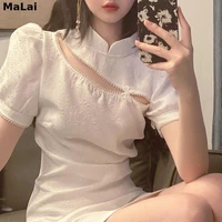 2021 summer vintage cheongsam one piece dress korean design mini dress female party women sweet short sleeve solid dresses