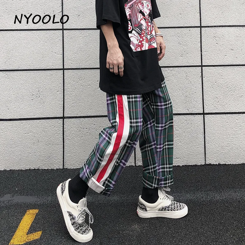 

NYOOLO Autumn streetwear vintage plaid patchwork straight pants women men Harajuku loose elastic waist hip hop jogger pants