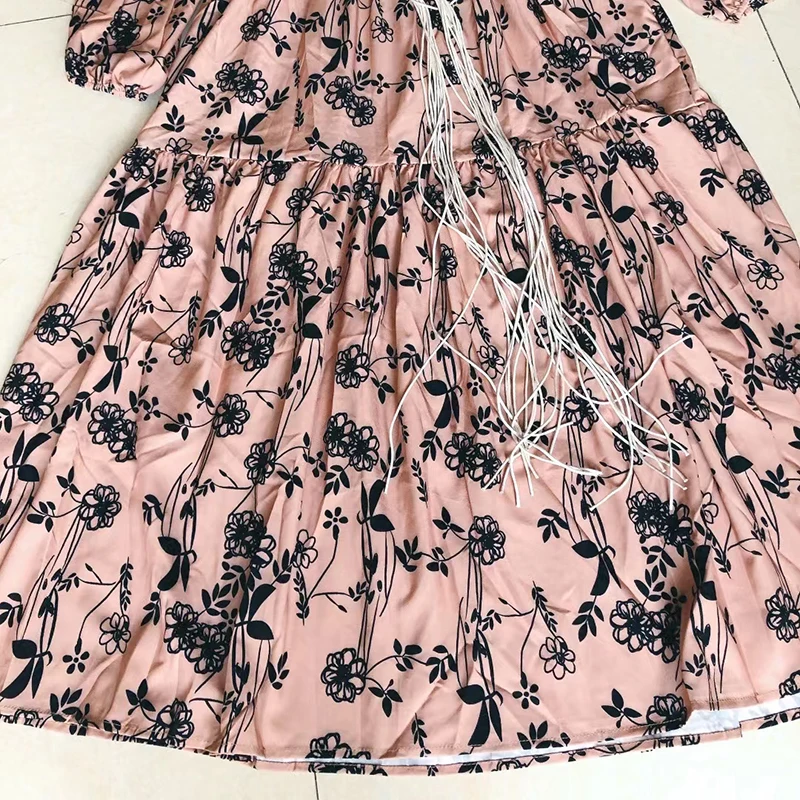 

Vintage Print Dress For Women O Neck Long Sleeve High Waist Lace Up Ruched Slim Dresses Female 2021 Spring Clothing