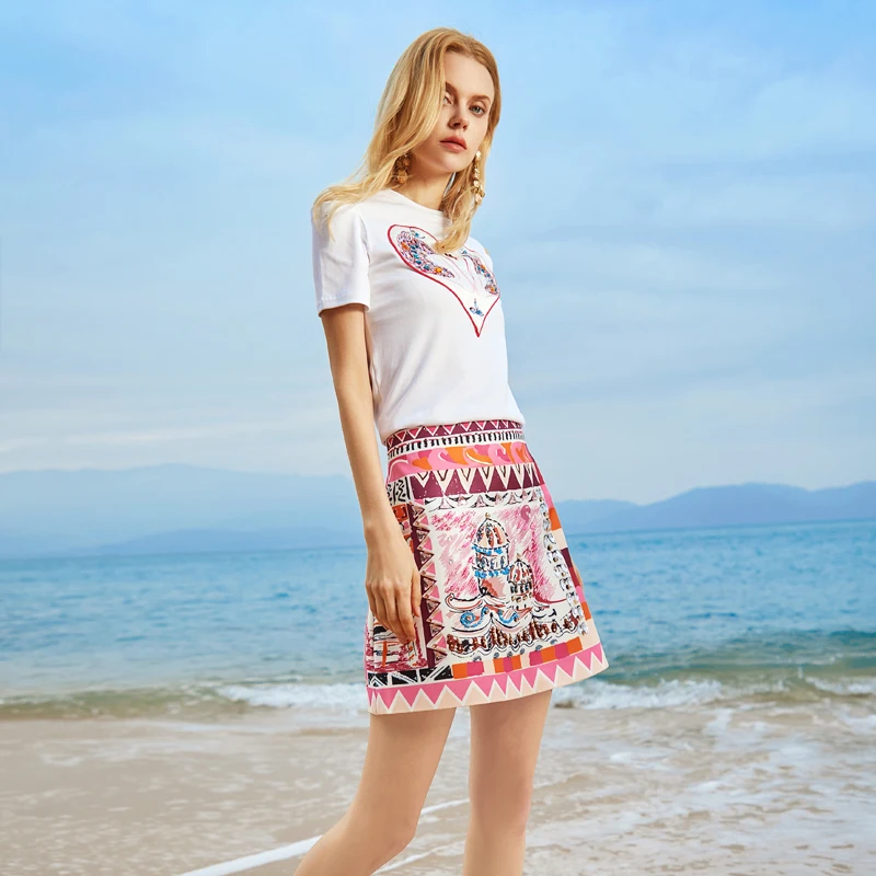 

Designer 2021 Summer New Women'S Skirt Set White Short Sleeve Cotton T-Shirt + Printed Diamond Skirt Fashion Two-Piece Suit