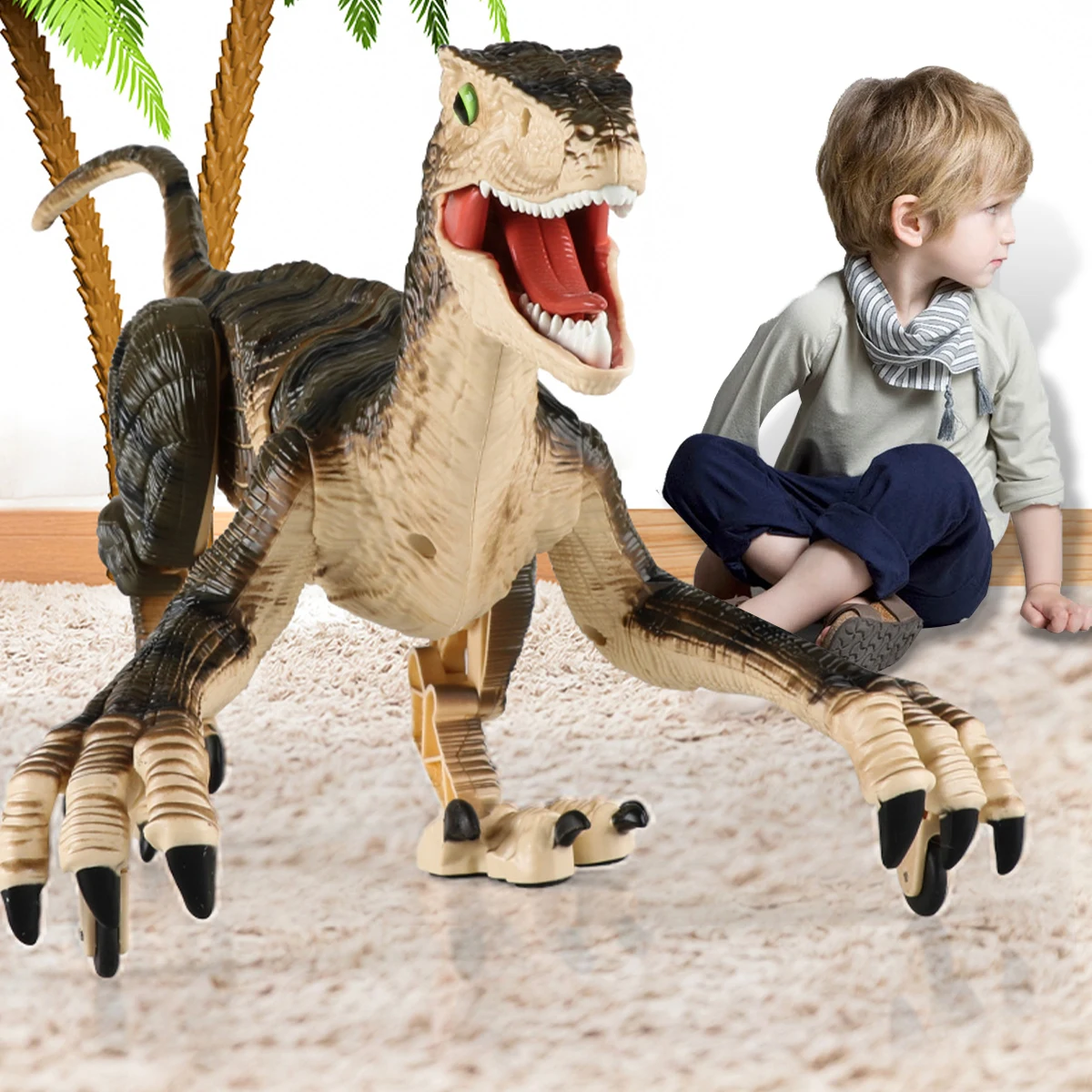 Figura de dinosaurio Raptor con Control remoto para ni&ntilde;os, juguete de boca abierta, Velociraptor el&eacute;ctrico para caminar, regalo de Navidad, 2,4G-3