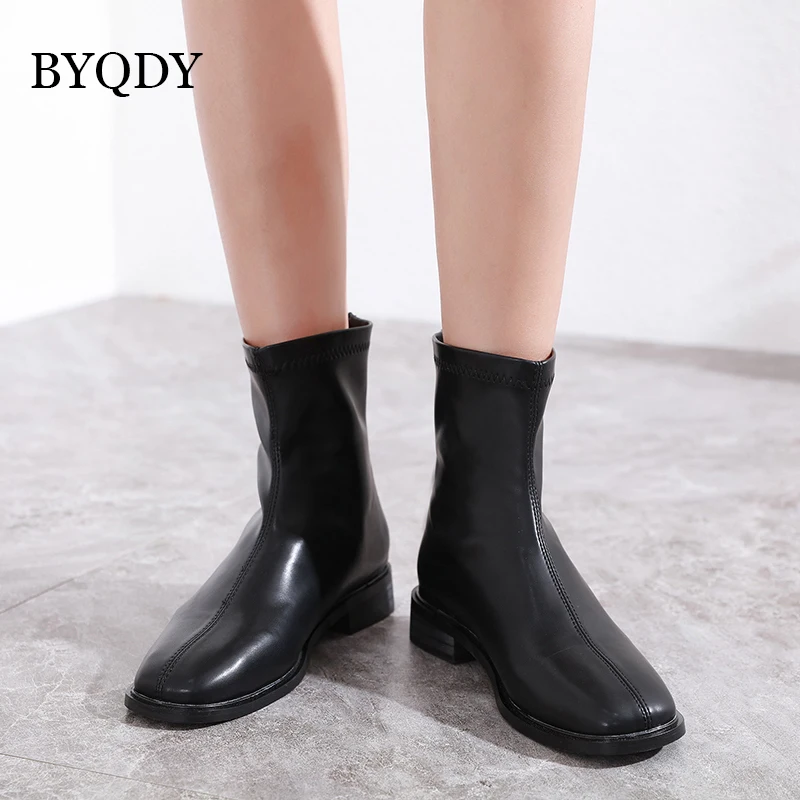 

BYQDY Square Toe Women Ankle Boots Block Heels Sock Shoes Chunky Heels Zipper PU Boots Office Lady Casual Daily Footwear 35-39