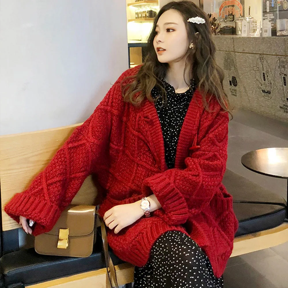 

Autumn Korean Style Ulzzang Oversized Women Sweaters Winter Cardigans Knitted Rhombus Horn Buckle Thick Loose All-match Students