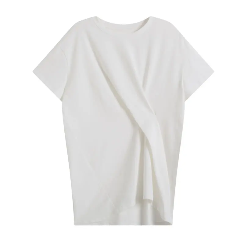 

XITAO Irregular Pleated Splicing T-shirt Solid Color New Casual Loose Simplicity O-neck Collar Temperament Women Top WMD0566