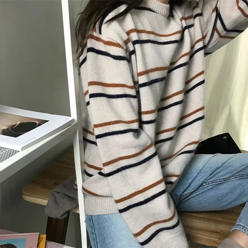 

Pullovers Women Soft Autumn O-Neck Sweaters Chic Daily Tops Womens Pullover Sweet Student Striped Harajuku Knitted Loose Outwear