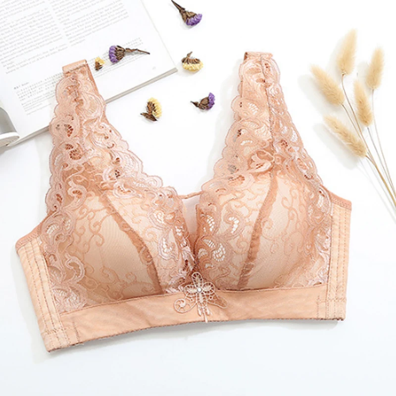 Ropa interior de encaje para mujer, con escote en V profundo, espalda hermosa sin anillo de acero, Sujetador envolvente antiflacidez, de algod&oacute;n puro-2