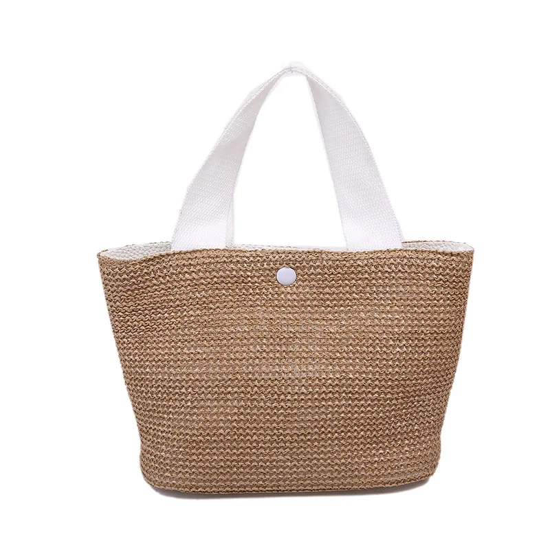 

Ins Beach Vacation Woven Bag Vintage Ladies Summer Fashion Straw Tote Handbag Casual Party Hasp Canvas Magnetic Bucket Bag