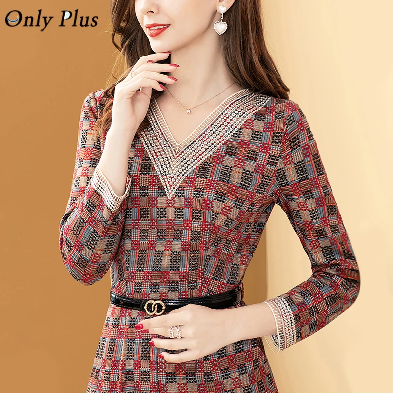 

Only Plus Elegant Embroidered Plaid Red Dresses V-neck Lace-up Slim Slit Winter Party Dress For Women With Belt Lace Vestidos