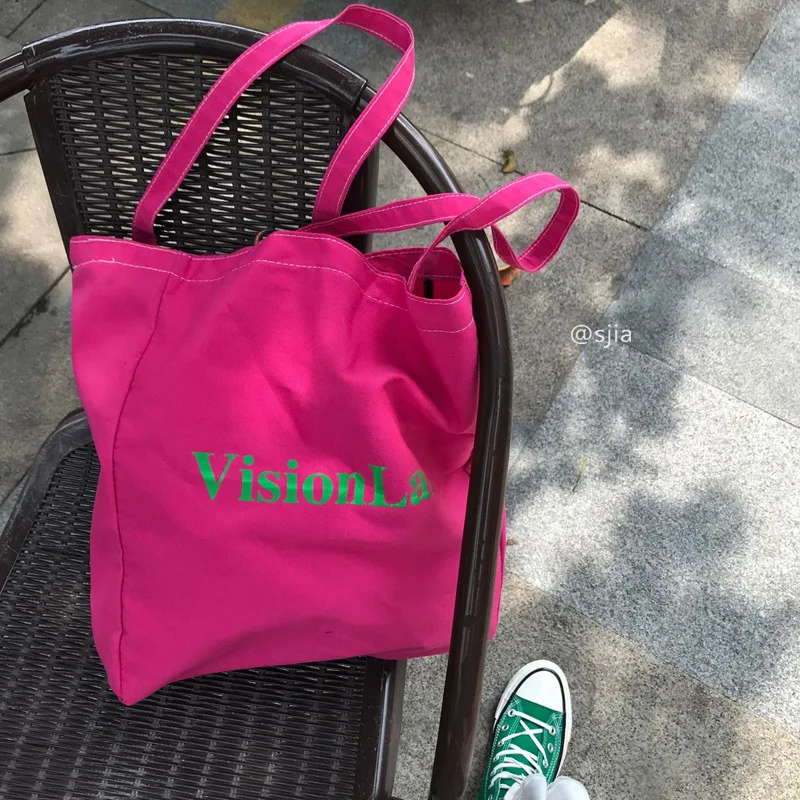 

2021 Korean Letter Canvas Single Shoulder Bag Fashion Pitaya Color Large Capacity Tote Bag Women Literary Casual Canvas Hand Bag