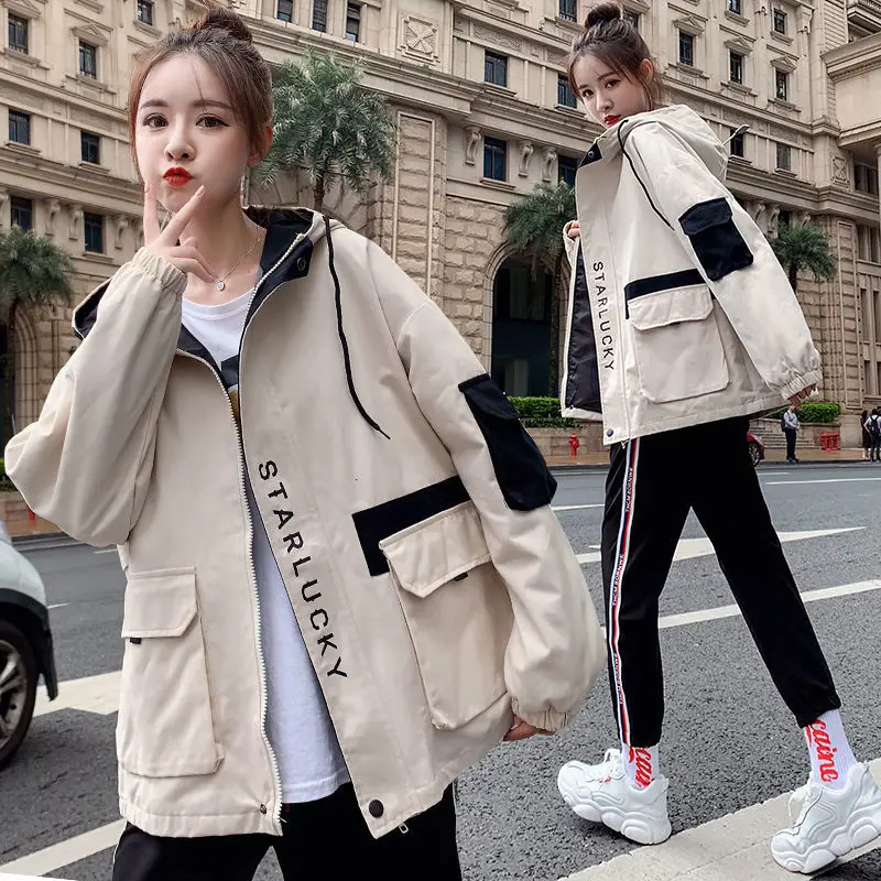 

2021 NEW fashion women's casual punk streetwear jacket loose pockets long-sleeved hooded Vintage Harajuku jacket