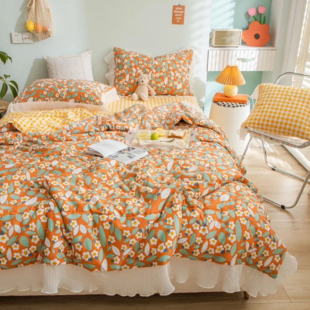 

Летнее мягкое дышащее одеяло из 100% хлопка, кружевное одеяло принцессы, плед с цветочным принтом, одеяло из промытого хлопка, постельное бель...