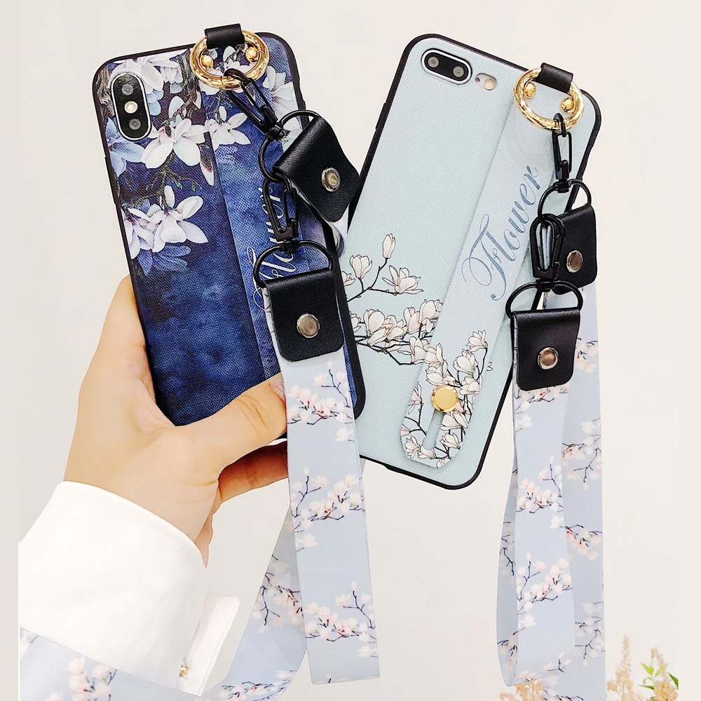 Для iPhone Xr X Xs max 7 6 8 6s plus винтажная сетка цветок шеи наручный ремень палец кольцо