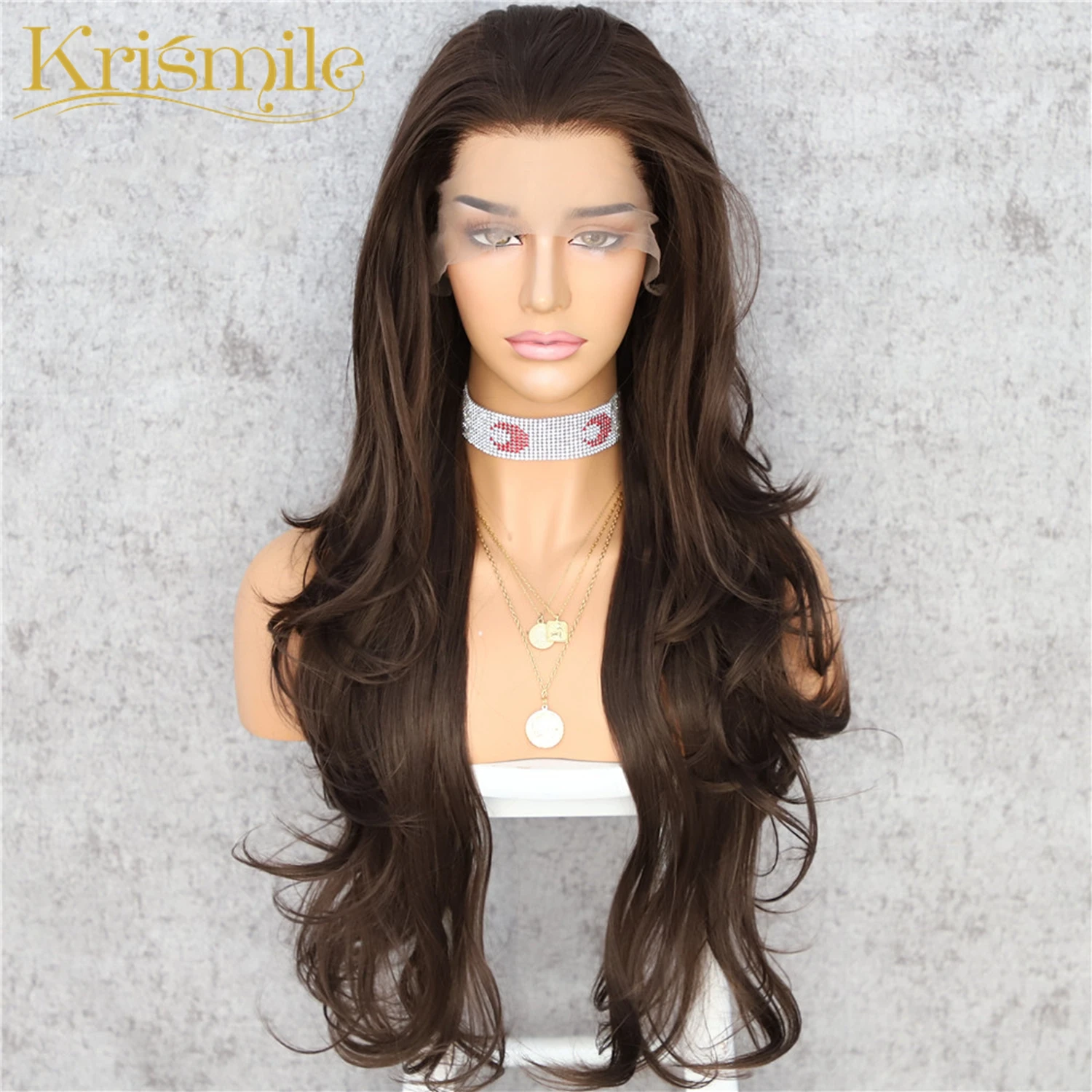 

Krismile Lace Front Synthetic Wigs Dark Brown Long Wave Wig High Temperature Party Cosplay Daily for Women Daily Celebrity