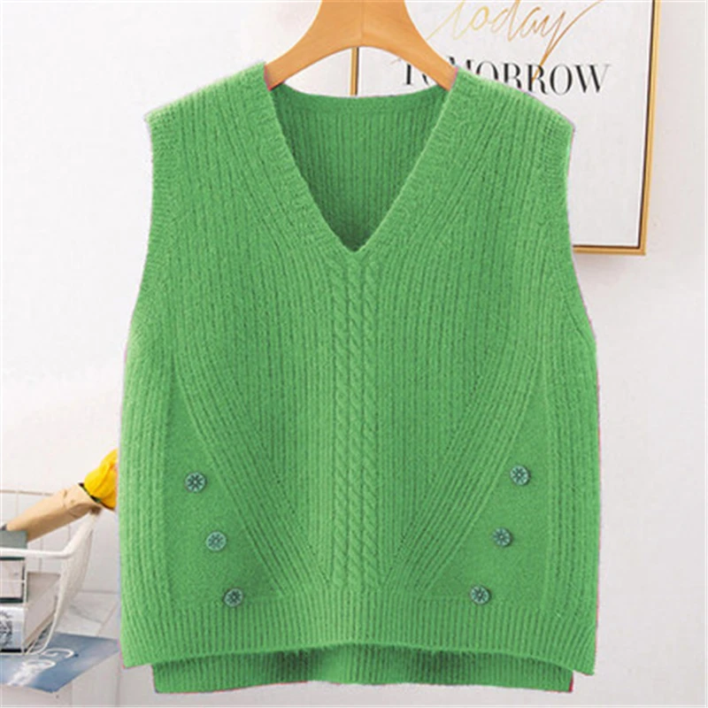 

2021 Spring Autumn Fashion New Style Ladies Loose V-Neck Sleeveless Knitted Sweater Vest Top Trendy H147