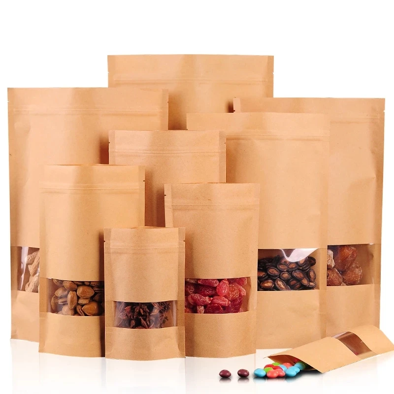Kraft Paper ziplock bag with Window Food Storage Tea Dried Fruit Gift Coffee Bean Candy Home kitchen organizer Packaging 50 Pcs | Дом и сад