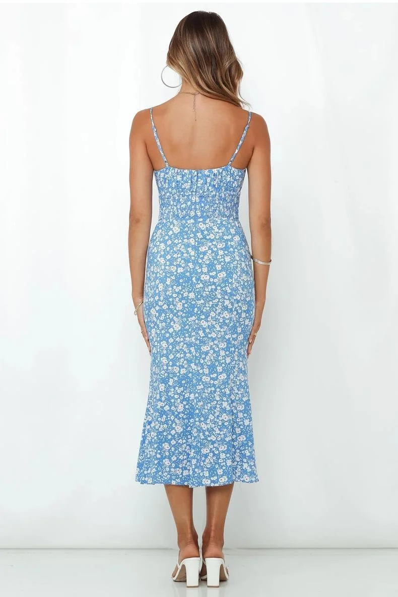 

2021 Summer Suspender Open Back Lace Up Women Dresses Bohemian Spaghetti Strap Mid-Calf Chiffon Print Dress