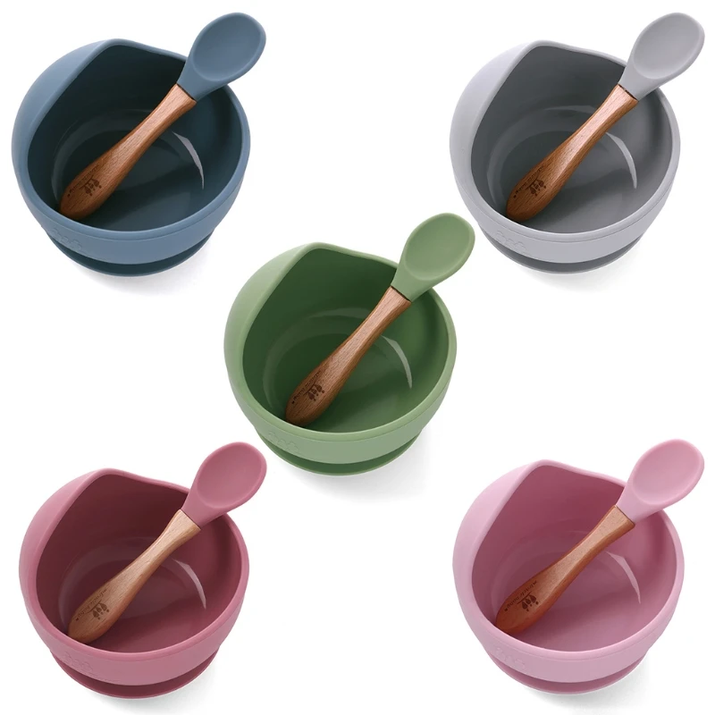 

2 Pcs BPA Free Silicone Waterproof Baby Suction Cup Base Bowl Training Spoon Set Non-Slip Learning Feeding Plate Tableware