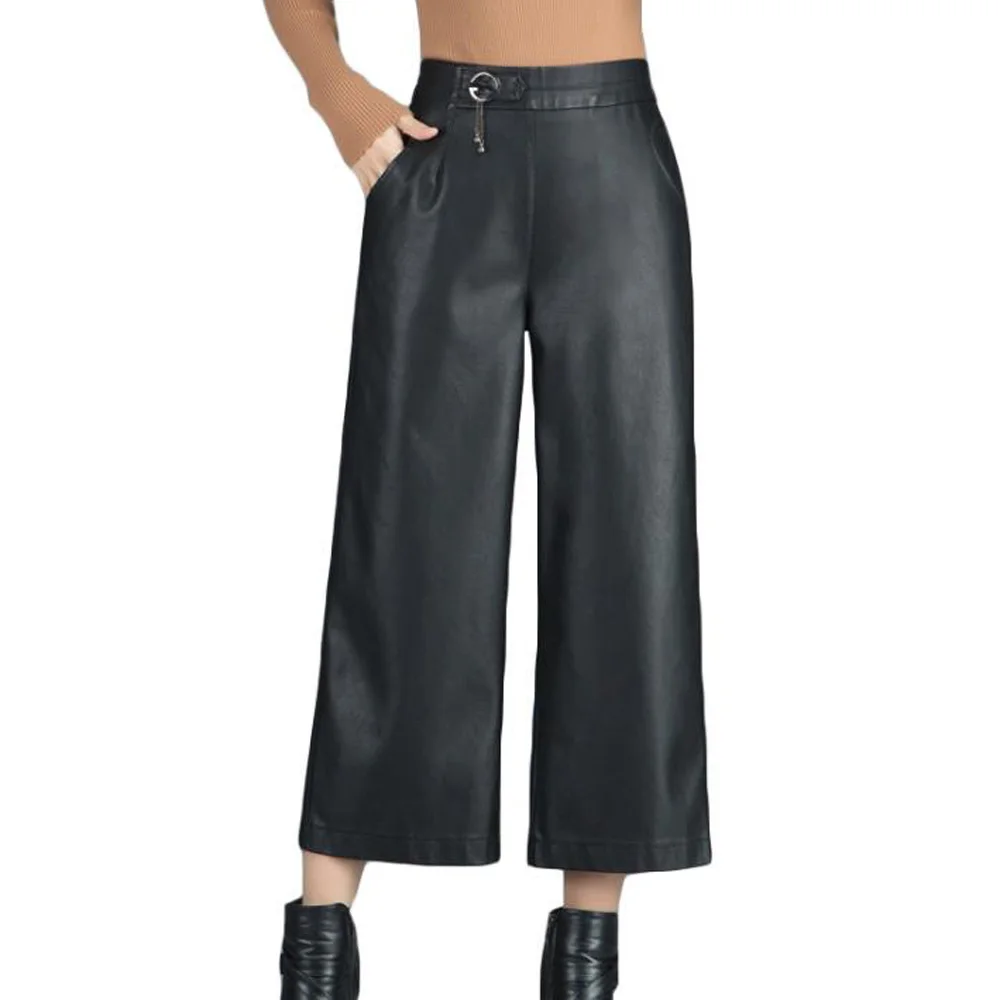 Женская черная юбка из искусственной кожи с широкими штанинами на осень и зиму