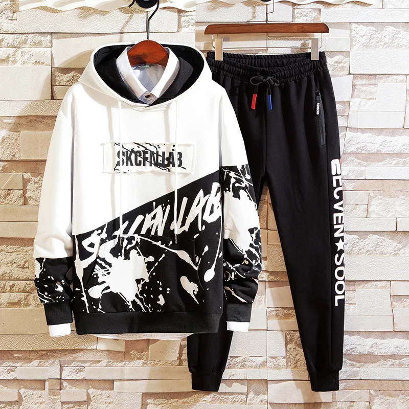 

2020 autumn new youth sports suit male printing casual fashion hooded sweater two-color splash ink alphabet hip hop