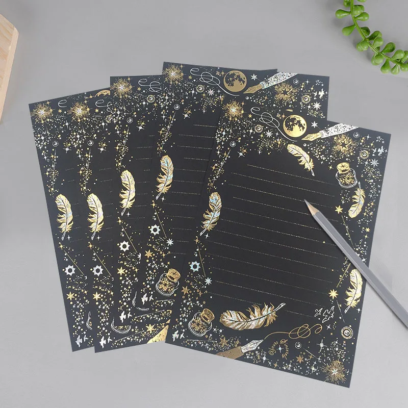 8pc Black letter pad 8 шт. Золотой тиснение перо Письмо Бумага Творческий высокого класса Романтический позолоченный конверт для писем комплекты из конвертов офисные канцелярские принадлежности - Цвет: 8pc Black letter pad