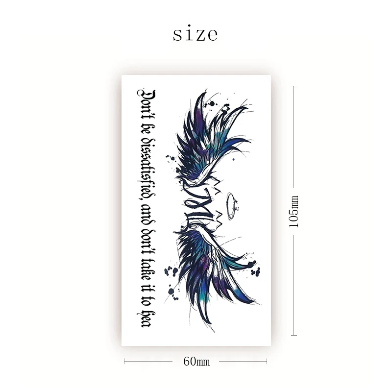 

Watercolor Angel Wings Temporary Tattoo Stickers Black English Letters Fake Tattoos Waterproof Tatoos Chest Small Size Women Men