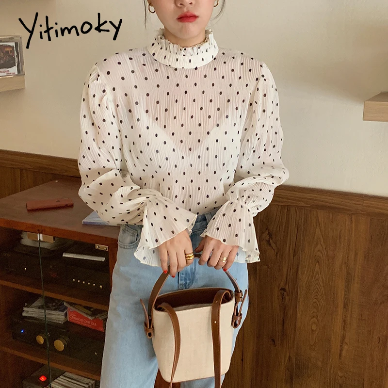 

Блузка Yitimoky женская шифоновая в горошек, топ со складками и расклешенным рукавом, корейский стиль, рубашка с воротником с оборками, весна-ле...