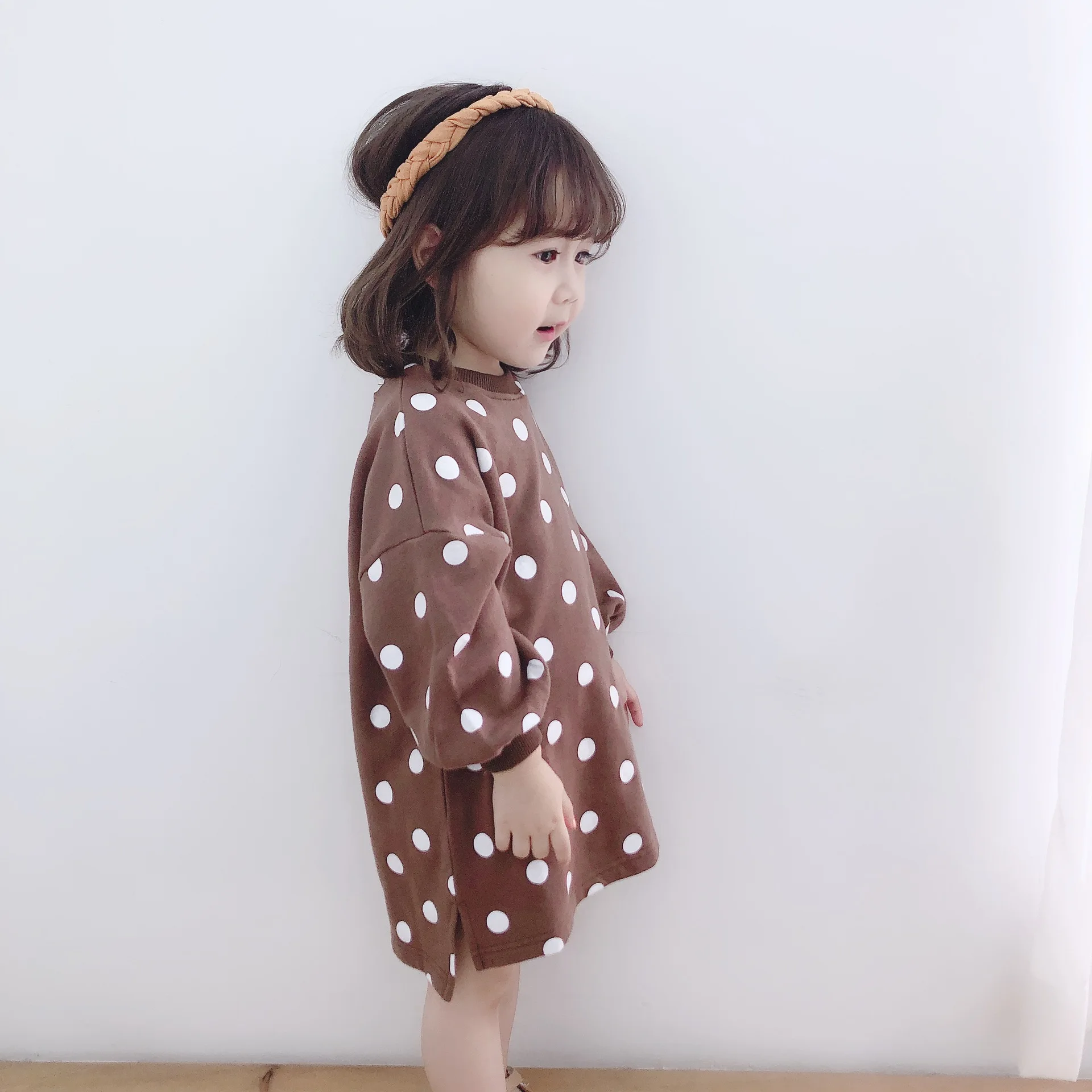

2020 autumn new polka-dot sweater for girls children's Korean long dress.
