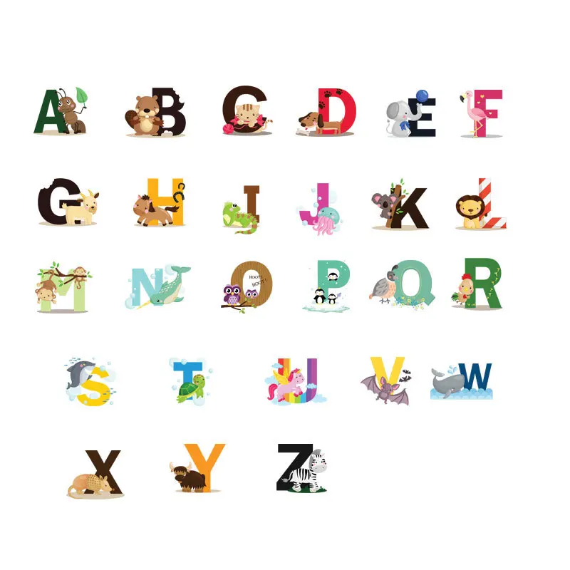 

26 English Letter Stickers English Words Cartoon Animals Wallpaper Bedroom Living Room Self-adhesive Poster For Kids Decoration
