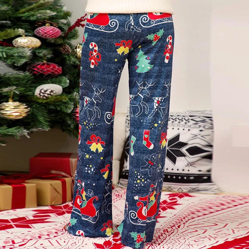 

2020 Christmas Print Patchwork Long Pants Women Casual Lace-Up Wide Leg Pant Overall Autumn Winter Ladies Loose Trousers Outwear