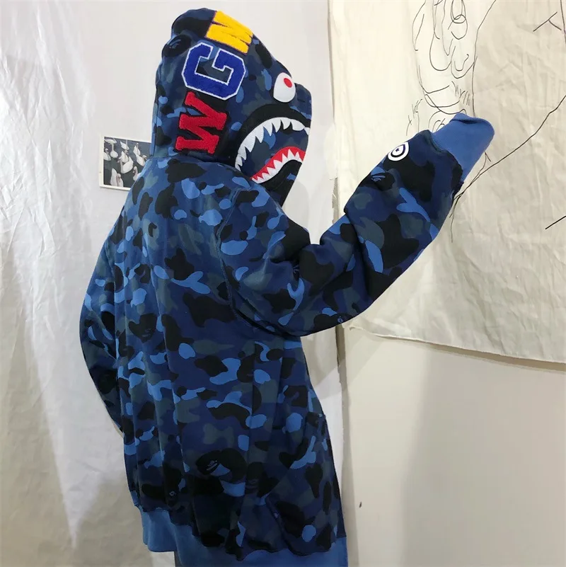 

Камуфляжные толстовки на молнии с изображением акулы, женские и мужские толстовки, Свободное пальто для пары в стиле Харадзюку, Корейская з...
