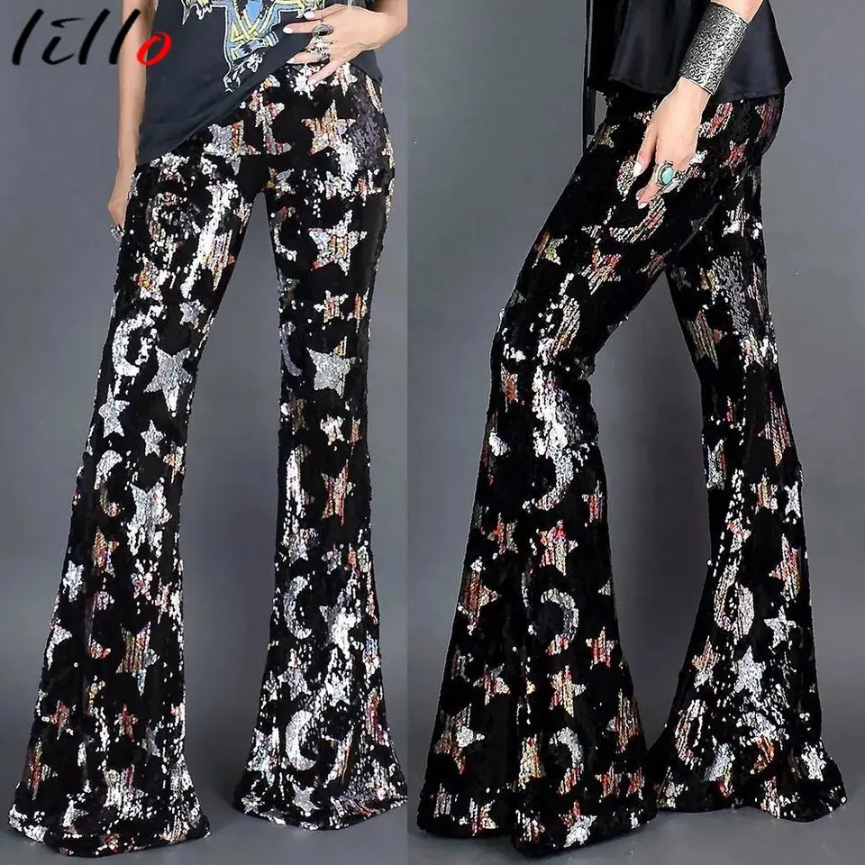 Брюки женские эластичные с блестками и высокой талией расклешенные брюки со